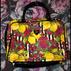 Betsey Johnson lemon striped makeup bag